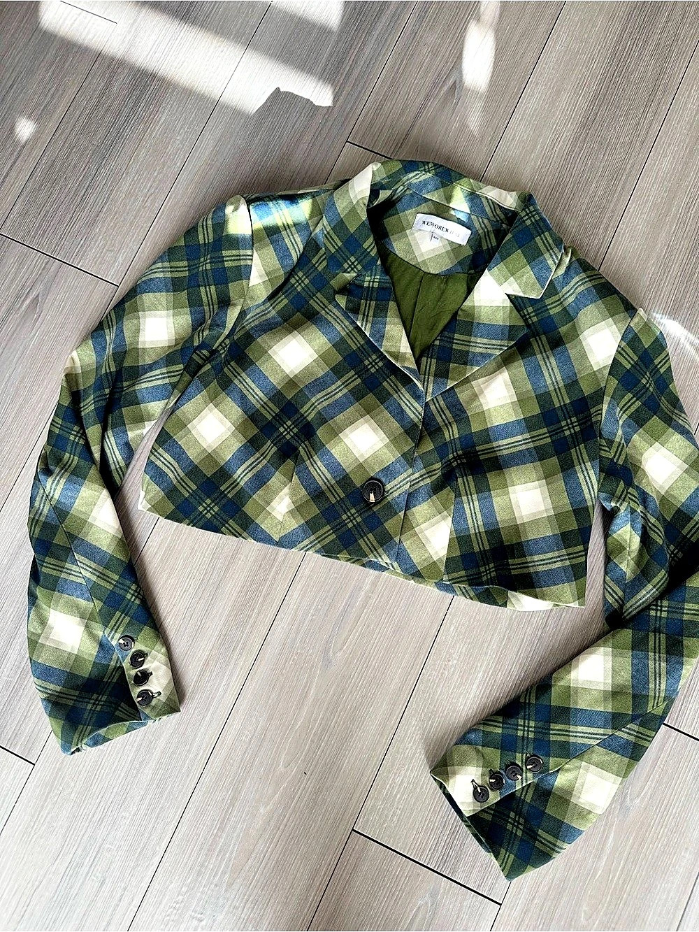 WEWOREWHAT Boxy Cropped Vintage Plaid Blazer Green & Blue XS